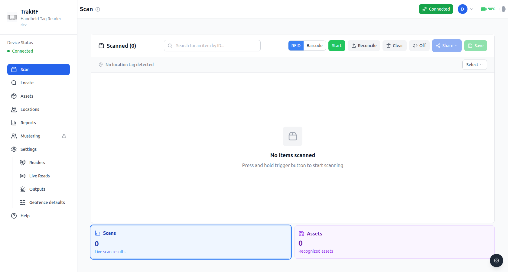 Scan page ready to scan — device connected (90%), empty Scanned list, full toolbar, empty footer stats